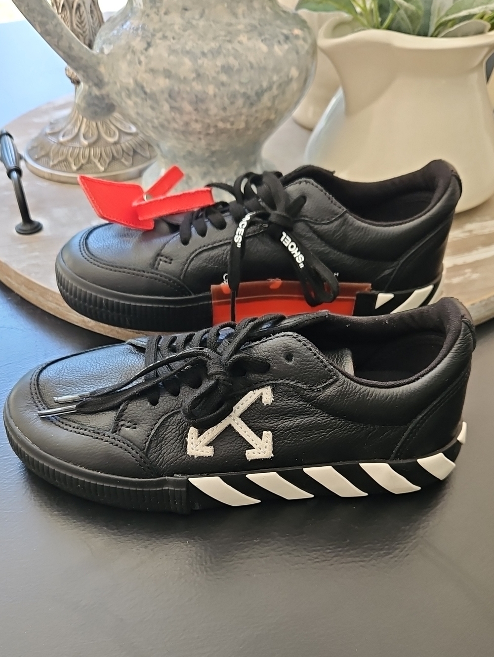 Off-White Boys Black Leather Sneakers with White Arrow & Stripe. Estimate Sized